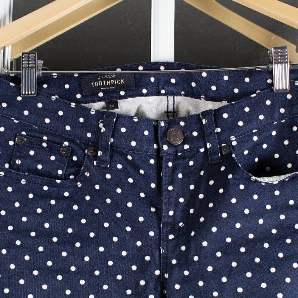 J. Crew Toothpick Jeans, Size 26,  Blue White Polkadot, Low Rise - Picture 2 of 4